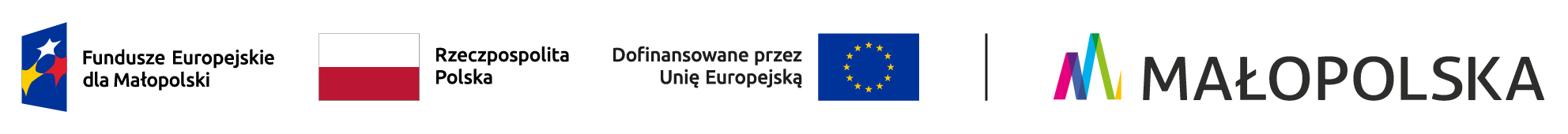 Zestawienie logotypów zawierające od lewej: znak Funduszy Europejskich z podpisem Fundusze Europejskie dla Małopolski, flaga Rzeczypospolitej Polskiej, flaga Unii Europejskiej z podpisem dofinansowane przez Unię Europejską oraz logotyp Województwa Małopolskiego.
