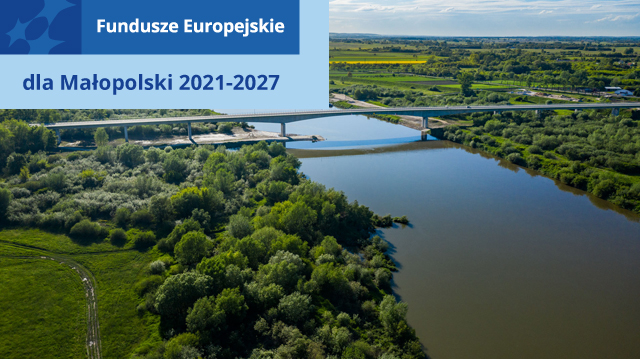 Grafika prezentujący most w Borusowej. Grafika zawiera tekst Fundusze Europejskie dla Małopolski 2021-2027.