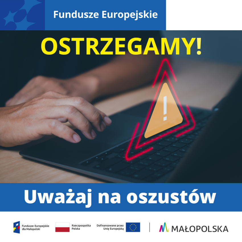 Grafika ilustracyjna z tekstem Ostrzegamy Uważaj na oszustów