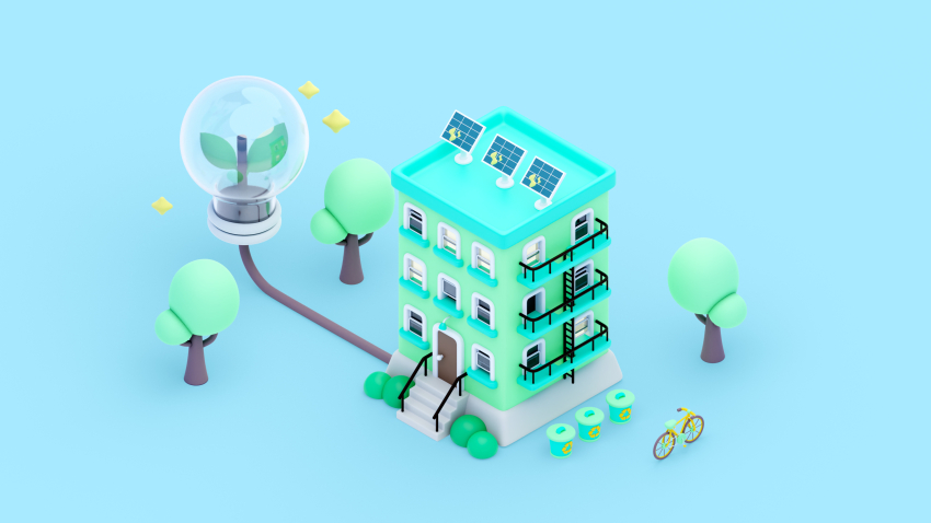 Budynek energooszczędny z panelami na dachu.