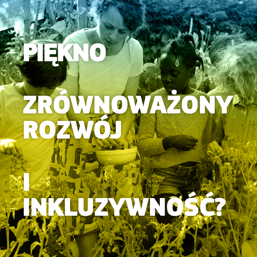 Grafika informacyjna w żółto-zielonej tonacji z tekstem "piękno, zrównoważony rozwój i inkluzywność"