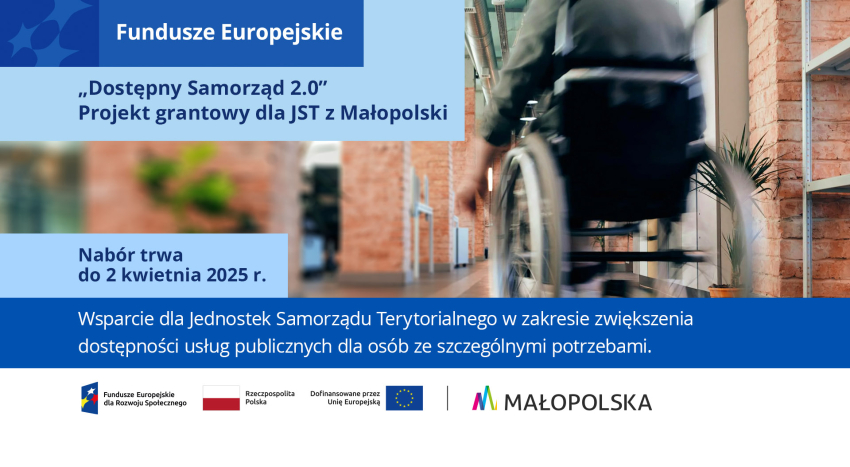 Grafika ilustracyjna do naboru grantowego dla JST przedstawiająca osobę na wózku inwalidzkim poruszającą się po korytarzu budynku.