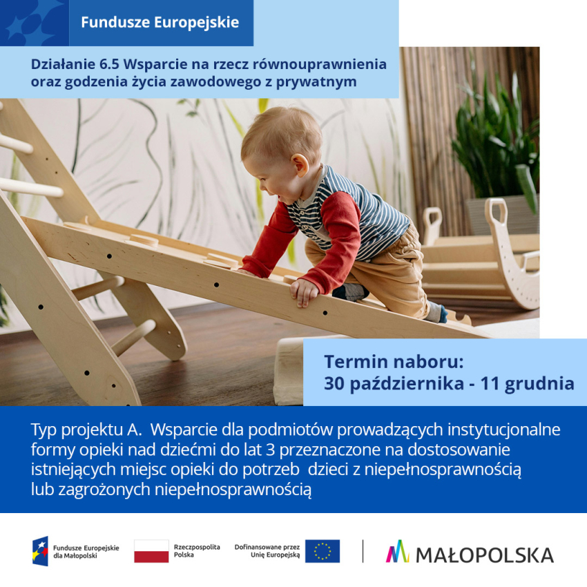 Grafika ilustracyjna naboru 6.5 Typ A. W jej centrum zdjęcie dziecka wspimającego się po drewnianej drabinie.