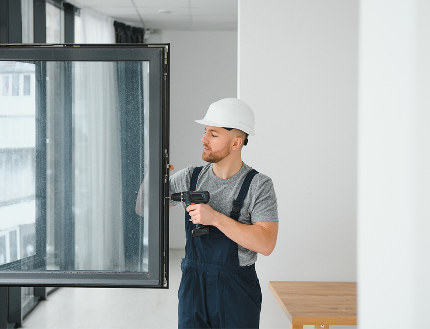 Mężczyzna uszczelnia okna.