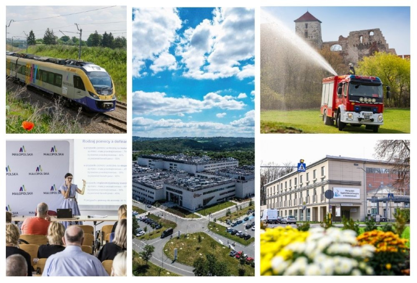 Kolaż zdjęć: pociąg, chmury, wóz strażacki, konsultantka z PIFE, szpital, 