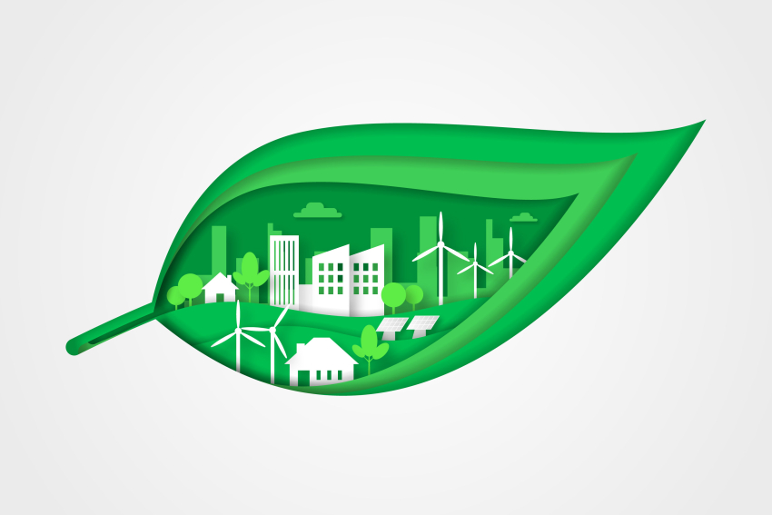 Grafika liścia z miastem , wiatraki i panele słoneczne.