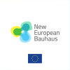 Logotyp Nowego Europejskiego Bauhausu oraz flagą Unii Europejskiej na białym tle