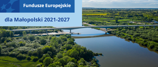Grafika prezentujący most w Borusowej. Grafika zawiera tekst Fundusze Europejskie dla Małopolski 2021-2027.