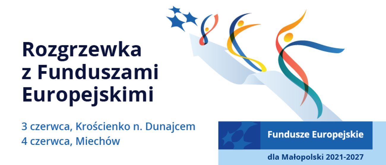 Grafika promująca wydarzenie. Grafika zawiera tekst Rozgrzewka z Funduszami Europejskimi. 3 czerwca Krościenko nad Dunajcem, 4 czerwca Miechów