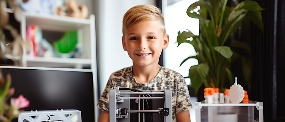 Uśmiechnięty chłopiec, przed nim na blacie stoją kreatywne urządzenia-drukarki 3D.