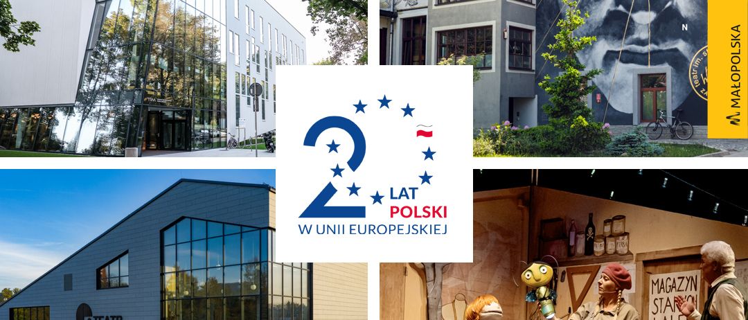 Zdjęcie składa się z czterech małych kwadratów przedstawiających budynek Teatru Lalek oraz jego scenę. Logotyp 20lecie Polski w Unii Euroepejskiej, Fundusze Europejskie, Małopolska.