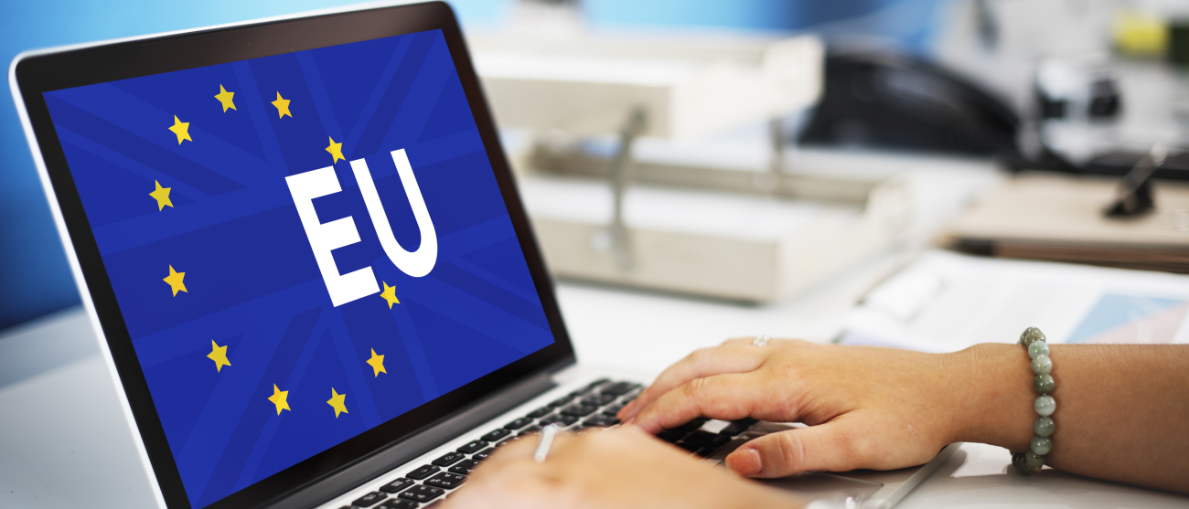 Dłonie kobiety piszące na laptopie, na którego ekranie widnieje znak UE
