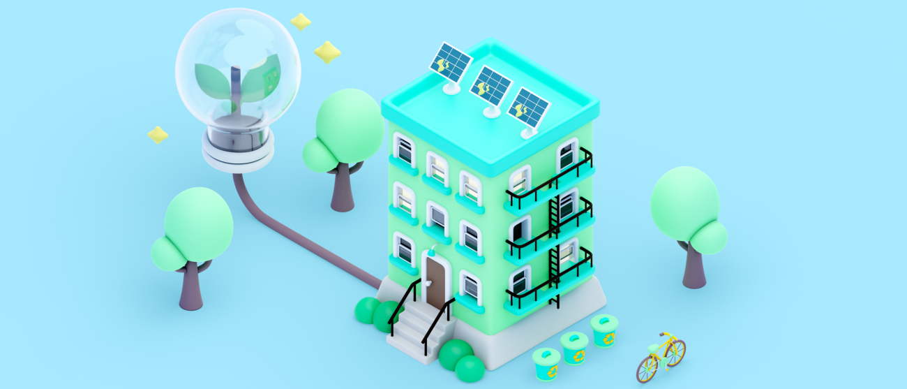 Budynek energooszczędny z panelami na dachu.