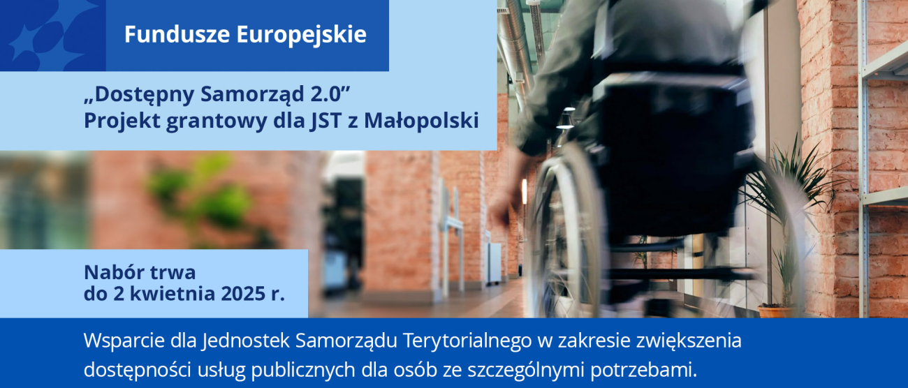 Grafika ilustracyjna do naboru grantowego dla JST przedstawiająca osobę na wózku inwalidzkim poruszającą się po korytarzu budynku.